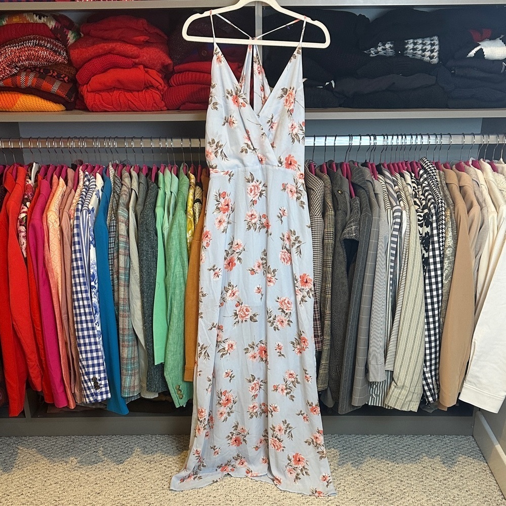 Lush blue/coral floral sleeveless back zipper closure maxi dress size S